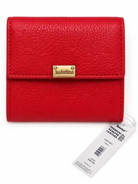 NWT Timberland Genuine Leather RFID Card Holder Wallet Red Pebbled Gold
